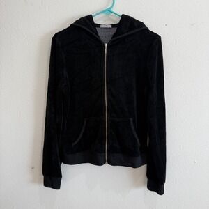 Allen Allen Womens Black Velour Full Zip Hoodie Sweatshirt Size L‎ Made in USA